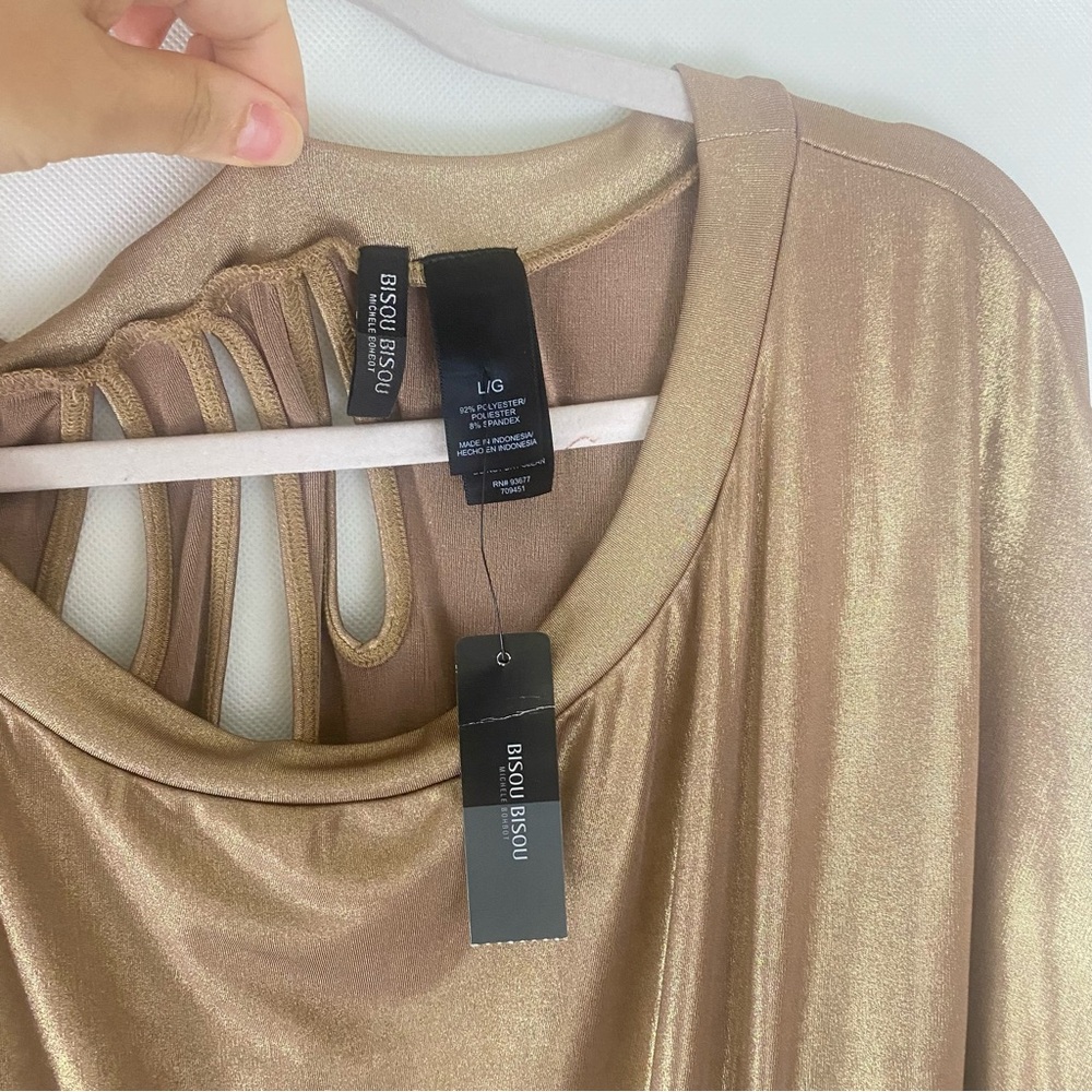 Bisou Bisou Elegant Metallic Gold tie waist Women's Top blouse L - Picture 7 of 7